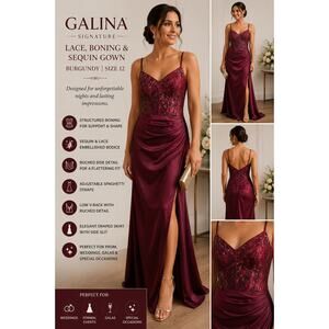 Galina Signature Gown Burgundy Lace Sequin Boning Formal Dress 12 Special Events